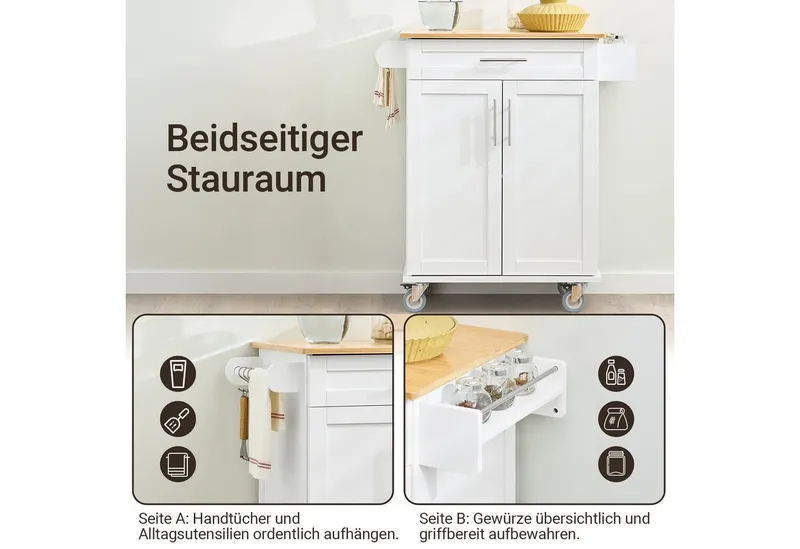 SoBuy Küchenwagen FKW13, Servierwagen mit Arbeitsplatte Küchenwagen auf Rollen, Kücheninsel, Rollwagen Küche mit Stauraum, Küchenregal, Grilltisch, Weiß, – Produktbild 3 von 5