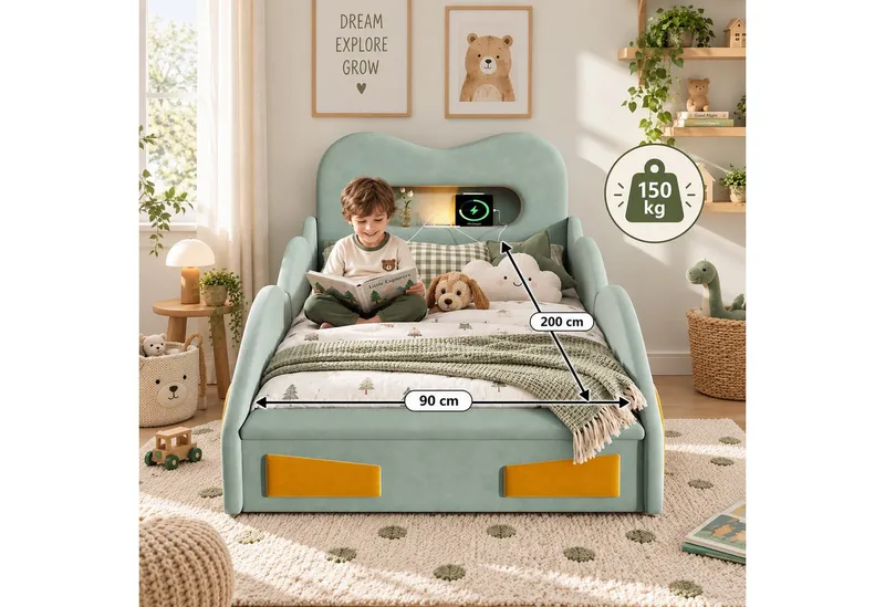i@home Kinderbett 90 x 200cm Kinderbett Autobett Polsterbett mit Leselicht,Ladeanschluss, Bettkasten am Fußende, Autobett Bett mit Räderdesign, Flanell, Grün, – Produktbild 3 von 5