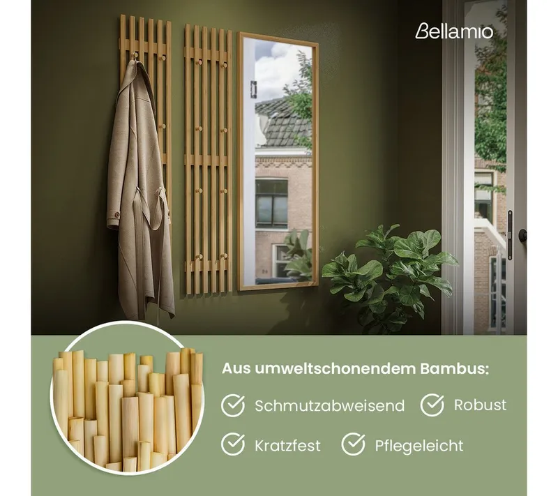 Bellamio Garderobenpaneel Sava, Wandpaneel für Flur, 8 Kleiderhaken (1 St), Flurgarderobe aus Bambus, 110x25 cm – Produktbild 3 von 5