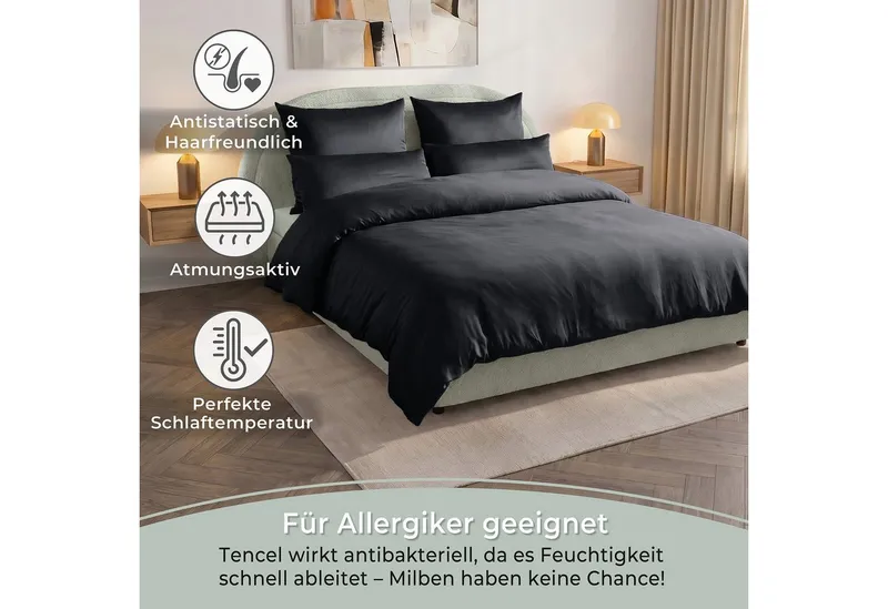 Laynenburg Bettwäsche Eukalyptus aus 100% Tencel Lyocell ab Gr. 135x200, kühlende, atmungsaktive Sommer-Bettwäsche mit Reißverschluss, Schwarz, – Produktbild 5 von 5