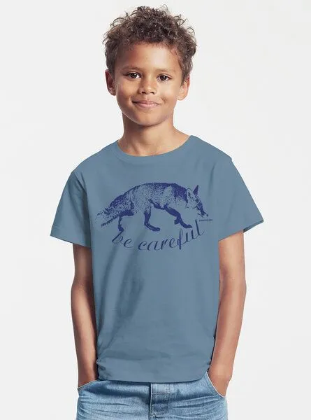 Peaces.bio - handbedruckte Biomode Peaces.bio - handbedruckte Biomode Bio-Kinder T-Shirt Be Careful, Blaugrau, – Produktbild 2 von 2