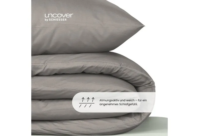 uncover by SCHIESSER Bettwäsche Soho aus weicher Baumwolle in gedeckten Uni-Farben, Renforcé, 2 teilig, OEKO-TEX® MADE IN GREEN, Grau, – Produktbild 4 von 5
