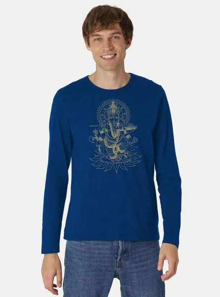 Peaces.bio - handbedruckte Biomode Peaces.bio - handbedruckte Biomode Bio-Herren-Langarmshirt Ganesha, Royal, – Produktbild 2 von 3