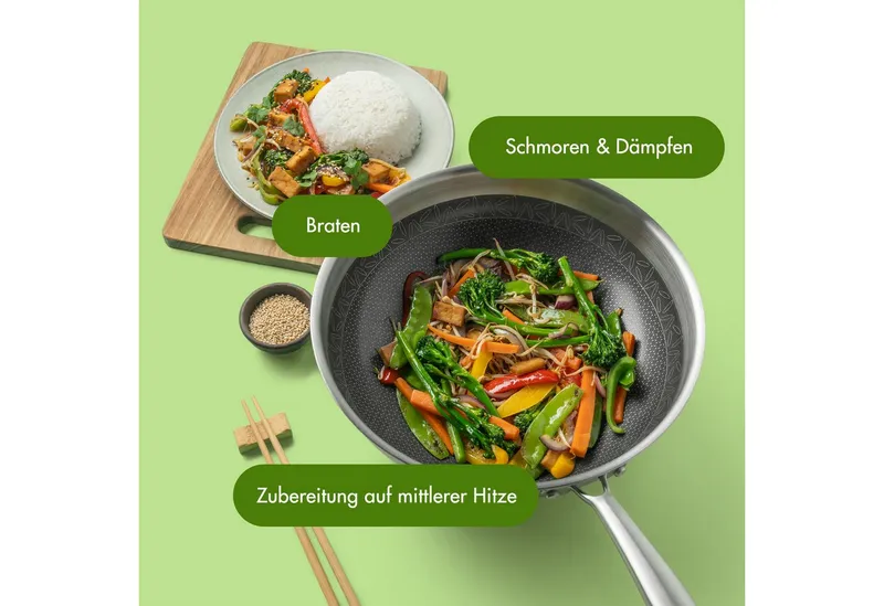 Reishunger Reishunger Wok Premium aus Edelstahl – Für alle Herdarten, Edelstahl (Wok mit Glasdeckel), für Induktions-, Ceran- oder Gasherd – Produktbild 2 von 5