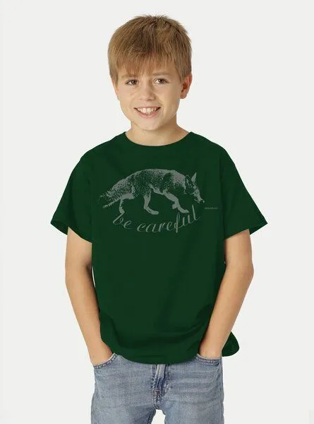 Peaces.bio - handbedruckte Biomode Peaces.bio - handbedruckte Biomode Bio-Kinder T-Shirt Be Careful, Flaschengrün, – Produktbild 2 von 2