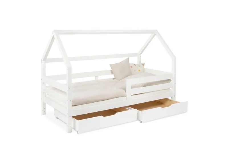 Ehrenkind Hausbett Sona aus FSC®-zertifiziertem Kiefernholz, höhenverstellbar (90x200 cm mit Doppelschublade, inkl. Rollrost und abnehmbarem Rausfallschutz), 2-in-1 Bett – bodentief oder in Standardhöhe aufbaubar, Weiß, – Produktbild 1 von 5