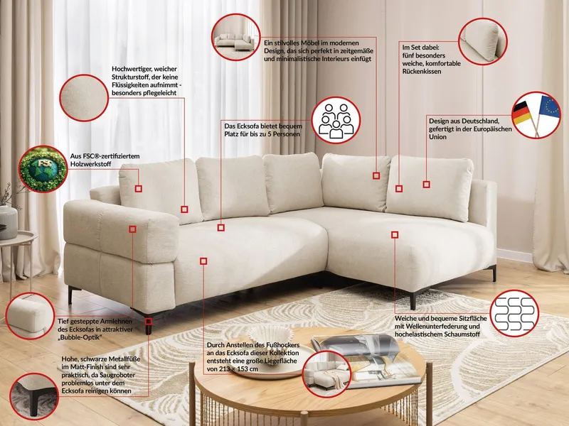 S-Style Möbel Ecksofa Cardea in Bubble-Optik aus weichem Strukturstoff mit hohem Sitzkomfort, mit Wellenfederung, Beige, – Produktbild 3 von 5