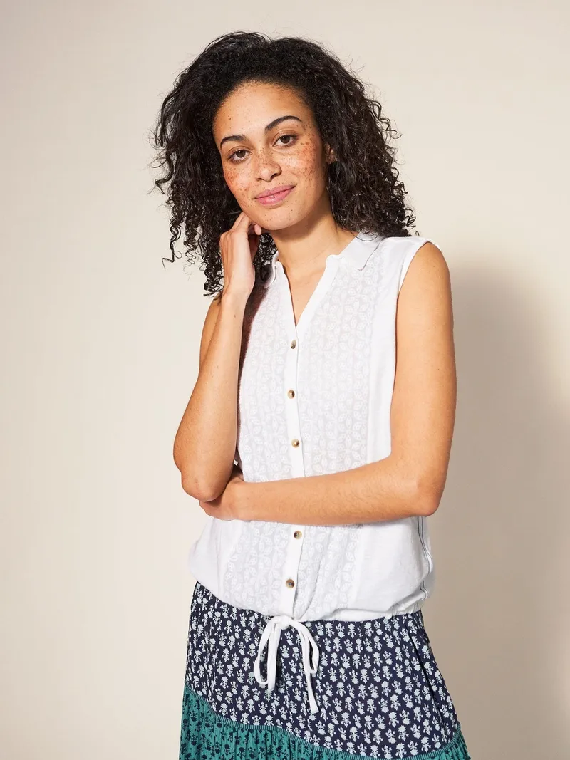 White Stuff Ärmellose Jerseybluse mit Printmotiv - 52/R, Reines weiß, – Produktbild 1 von 4