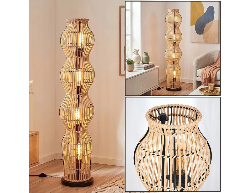 hofstein Stehlampe Stehlampe im skandinavischen Design mit Schirm aus Bambus in Natur, ohne Leuchtmittel, Stehleuchte im Boho-Style mit Lichteffekt und Fußschalter, E27, 110 cm, Beige|schwarz, – Produktbild 1 von 5