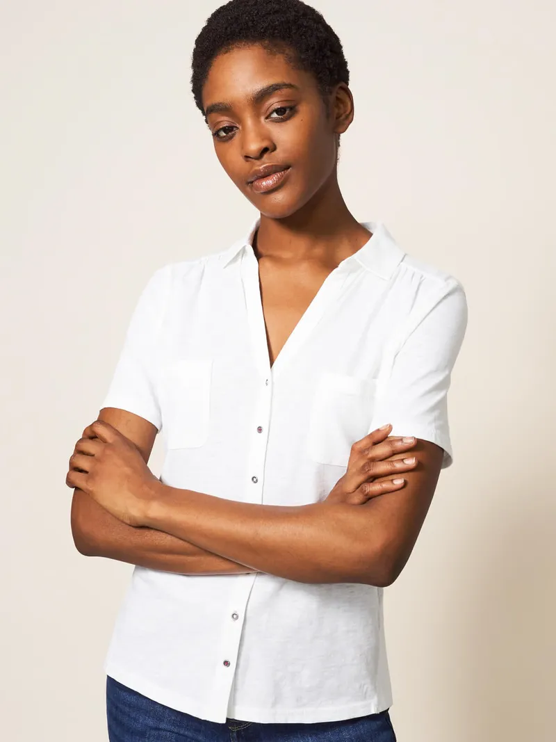 White Stuff Penny Jerseybluse mit Taschen - 44, Weiß, – Produktbild 1 von 4