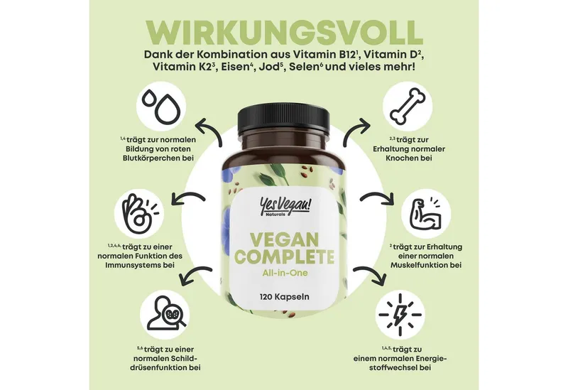 Yes Vegan Multivitamin & Mineralstoffe vegan, B12, D3, K2, Jod Kapseln, 120 St., 71 g, vegan, laktosefrei, glutenfrei – Produktbild 5 von 5