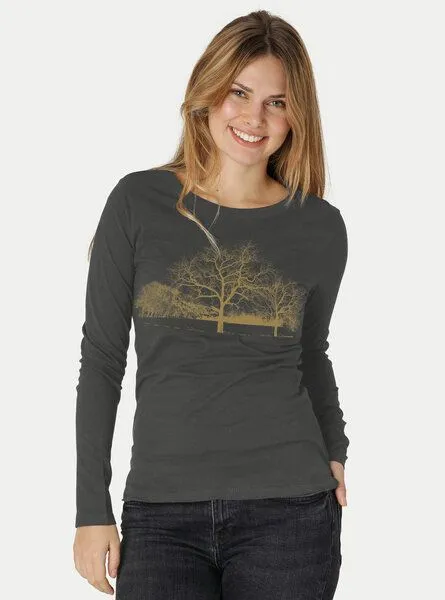 Peaces.bio - handbedruckte Biomode Peaces.bio - handbedruckte Biomode Damen Langarmshirt Landscape, Graphitgrau, – Produktbild 1 von 2