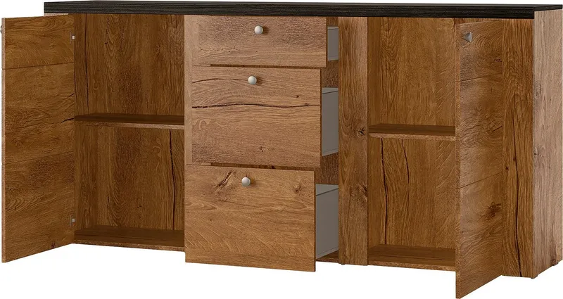 OTTO home Sideboard Larona, zeitlose Kommode mit 2 Türen, 3 Schubkästen, Türkommode, Höhe 84 cm, viel Stauraum, Anrichte mit dekorativer Rahmenoptik, Braun, – Produktbild 5 von 8