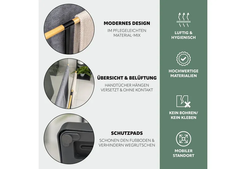 eluno Handtuchständer Stand-Handtuchhalter Handtuchständer freistehend, 2 Stangen Bambus, freistehend, Schwarz, – Produktbild 4 von 5