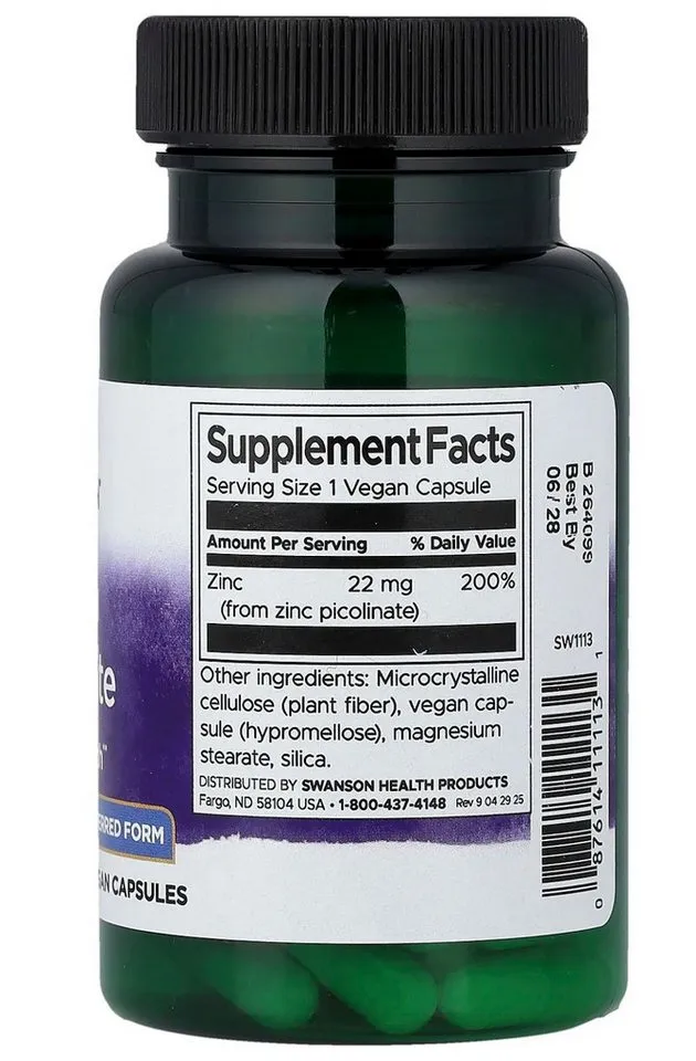 Swanson Health Products Swanson Zinc Picolinate 22 mg 60 Vegan Kapseln Kapseln – Produktbild 2 von 3