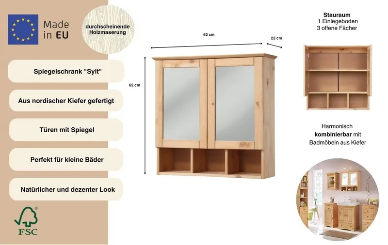 welltime Spiegelschrank Landhaus Sylt Badschrank, Badmöbel, FSC®-zertifiziert Breite 62,5 cm, aus Massivholz, MADE IN EUROPE, Braun, – Produktbild 4 von 5