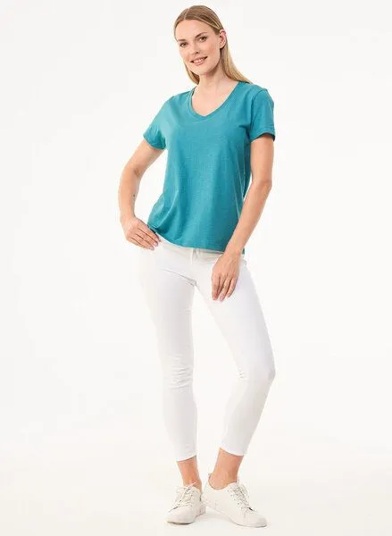 ORGANICATION ORGANICATION Damen Basic T-Shirt aus Bio-Baumwolle mit V-Ausschnitt, Petrol(petrol green), – Produktbild 2 von 4