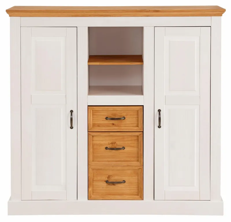 OTTO home Highboard Selma Kommode mit 2 Türen, 3 Schubläden und 8 Fächer, Metallgriffe, massives Kiefernholz, natürliche Maserung & Metallgriffe, 130cm breit, Weiß, – Produktbild 1 von 5