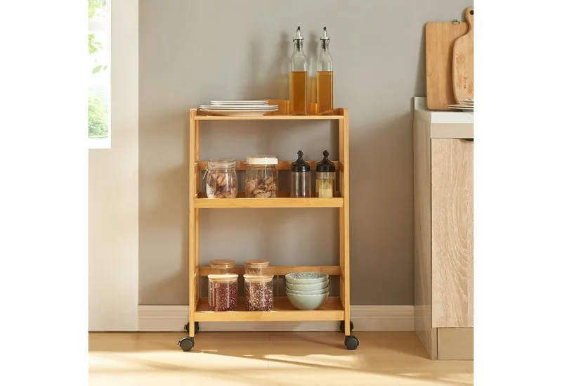 en.casa Servierwagen, »Huddinge« mit 3 Ebenen 80 x 53 x 30 cm Bambus, Beige, – Produktbild 2 von 5