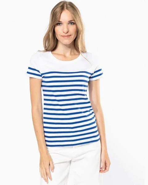 YTWOO YTWOO Nachhaltiges Damen-T-Shirt mit Rundhalsausschnitt im Marine-Stil, Weiß/blau gestreift, – Produktbild 1 von 4