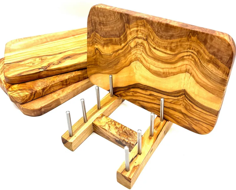 Olivenholz erleben Olivenholz erleben Geschirrständer Brettchenständer für bis zu 6 Frühstücksbretter, Zubehör für Frühstücksbrett 22 x 14 cm aus Olivenholz, Platzsparende Aufbewahrung für bis zu 6 Brettchen an einem Ort, Braun, – Produktbild 1 von 3