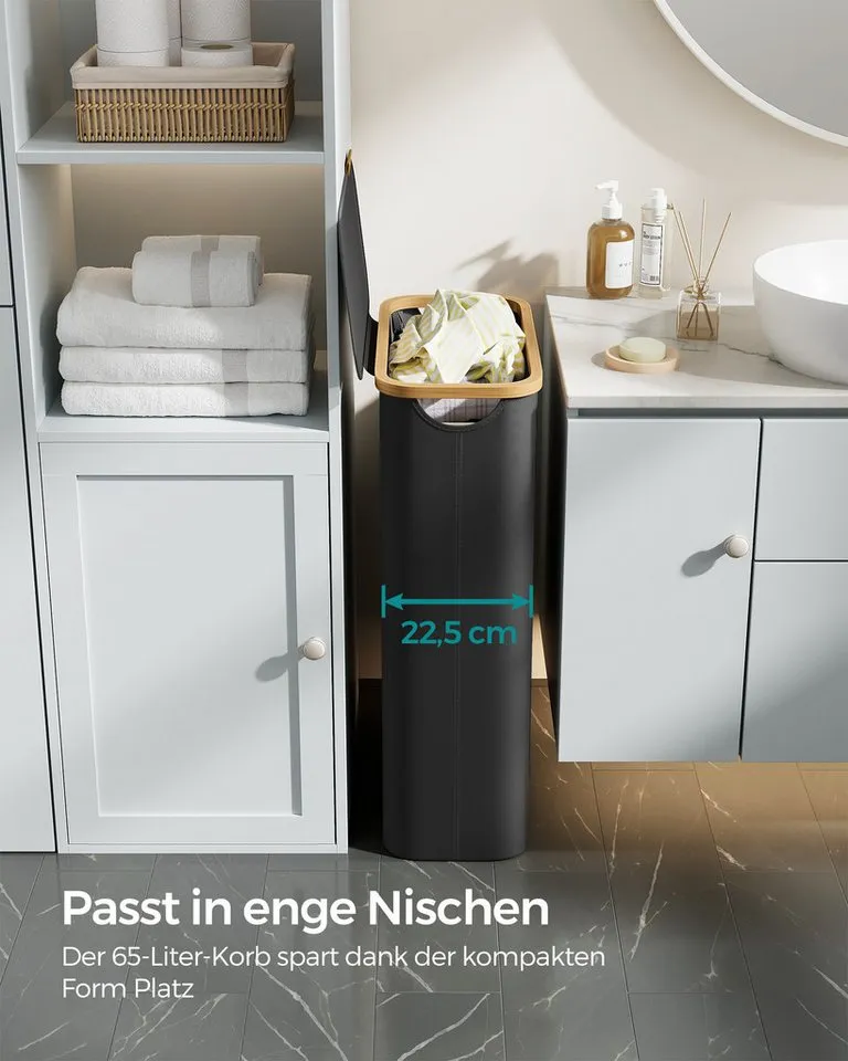 SONGMICS SONGMICS Wäschekorb mit Deckel, herausnehmbarer Einsatz, Bambus‑Rahmen, Oxford‑Gewebe, 65 L, 42 x 22,5 x 70,5 cm, mit Deckel, platzsparend, Griffe aus Bambus, Schwarz, – Produktbild 3 von 5