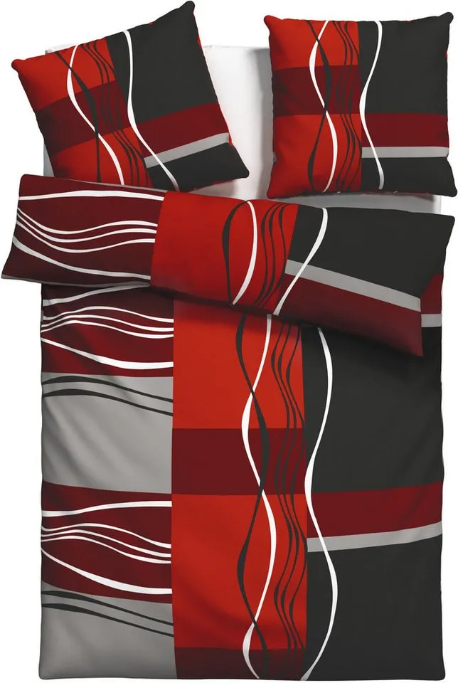 OTTO home Bettwäsche Kelian in Gr. 135x200, 155x220 cm u.a. Bettwäsche-Set mit Baumwolle, Polycotton recycelt, 3 teilig, in verschiedenen Qualitäten, gemusterte Bettwäsche, Grau|rot, – Produktbild 2 von 5