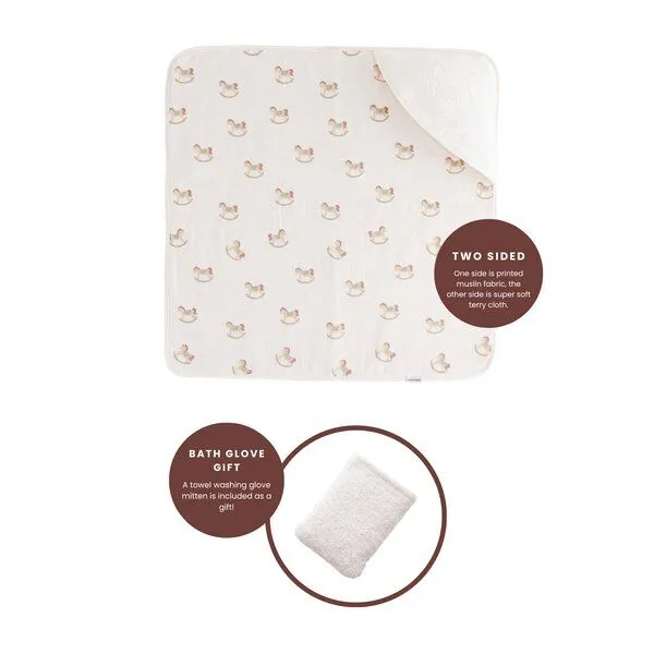 Bebekevi Bebekevi Baby Kapuzenbadetuch 75 × 75 cm aus Musselin & Frottee | Weiche Musselin-Innenseite | inkl. Waschhandschuh | Gemustert, Naturweiß karussellpferd, – Produktbild 3 von 4