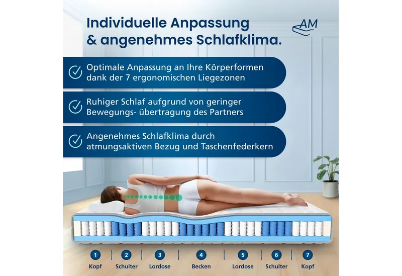 Taschenfederkernmatratze Premium 7-Zonen Federkernmatratze mit 2 Härtegraden, Optimal für Paare, AM Qualitätsmatratzen, 24 cm hoch, 140x190 cm – Produktbild 4 von 5