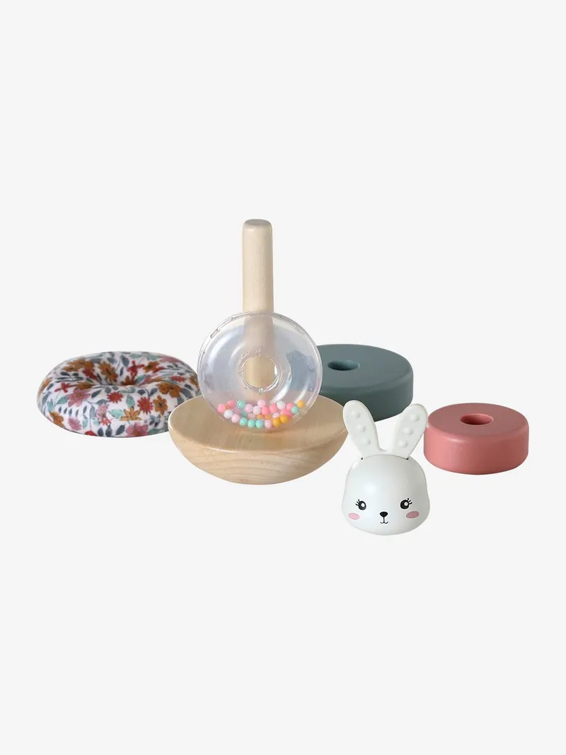 Vertbaudet Baby Stapelturm HASE RETRO FLOWER mit Holz FSC®, Weiß, – Produktbild 3 von 4