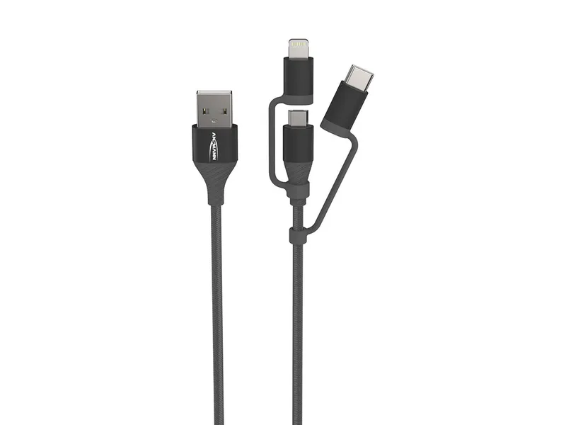 Ansmann 3in1 Ladekabel USB-A auf Micro-USB, USB-C, Lightning, 1,2 m, schwarz – Produktbild 1 von 1