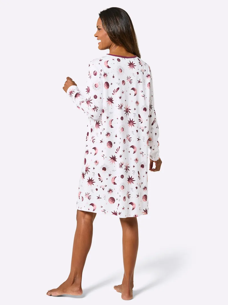 wäschepur Langarm-Sleepshirt, Ecru-burgund-bedruckt, – Produktbild 2 von 2