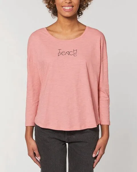 Human Family Human Family Damen Longsleeve aus Slub Garn - "Wave - Teach Peace", Weiss, – Produktbild 2 von 4