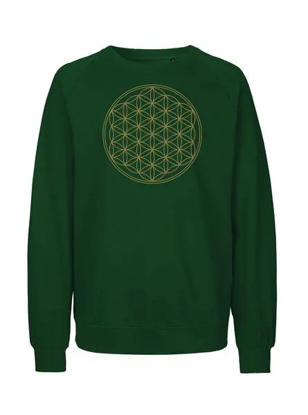 Peaces.bio - handbedruckte Biomode Peaces.bio - handbedruckte Biomode Bio Damen Sweatshirt Loose Fit Die Blume des Lebens, Flaschengrün, – Produktbild 1 von 2