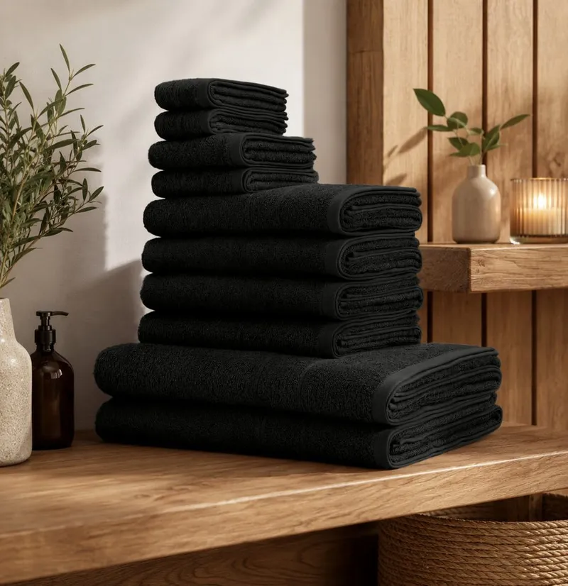 OTTO home Handtuch Set Inga, 3 Qualitäten, Duschtücher, Handtücher, Gästetücher, Seiftücher, Walkfrottier (10-St), Handtücher mit feiner Bordüre, 100% Baumwolle, Schwarz, – Produktbild 7 von 8