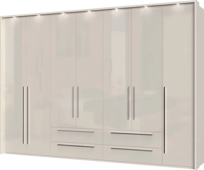 OTTO home Drehtürenschrank Piano, inklusive Rahmen und Beleuchtung, soft-close-Funktion (277 oder 322cm breit, 226cm hoch, mit 4 Schubladen) UV lackiert, hochglänzend weiß oder beige, FSC-zertifiziert, Beige|grau, – Produktbild 2 von 7