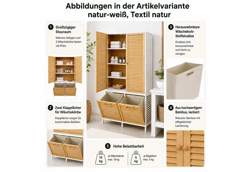 MCW Hochschrank MCW-N83-T Mit Ablagefächern und zwei Wäschekörben, Grau, – Produktbild 4 von 5