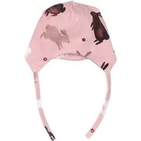 Walkiddy Baby Bindemütze GOTS zertifiziert Bio-Baumwolle Rosa Hasen-Print Ohrklappen Bindebänder weich – Walkiddy – Produktbild 1 von 1
