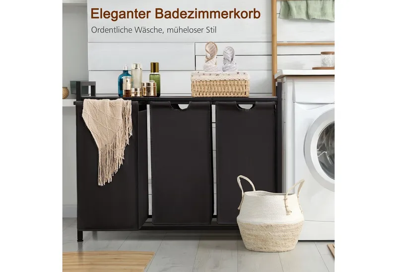 AMHANCIBLE Wäschekorb mit 3 Fächern & oberem Regal, Ausziehbar 3 x 38 Liter (1 St), Maße 92×30×72 cm, Grau, – Produktbild 4 von 4