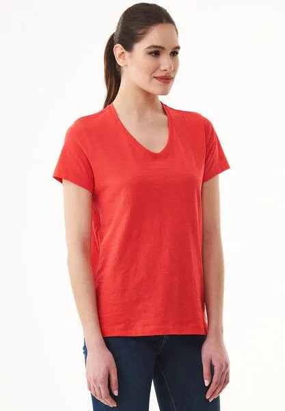 ORGANICATION ORGANICATION Damen Basic T-Shirt aus Bio-Baumwolle mit V-Ausschnitt, Dusty red, – Produktbild 3 von 4