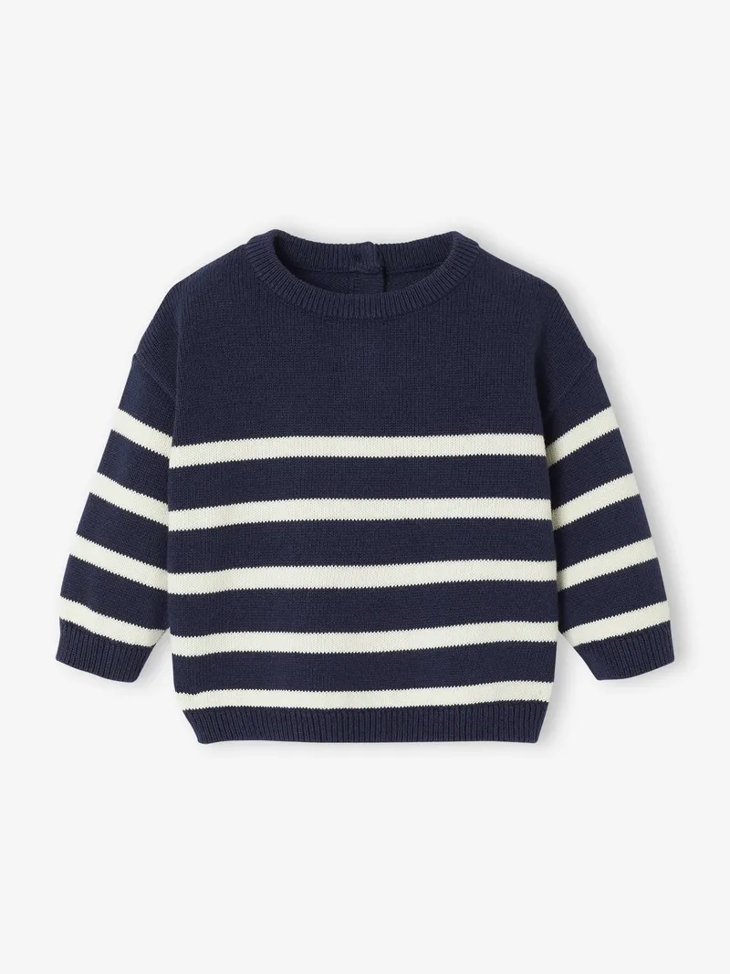 Vertbaudet Gestreifter Baby Strickpullover 100% Bio-Baumwolle GOTS-zertifiziert personalisierbar, Marine, – Produktbild 1 von 2
