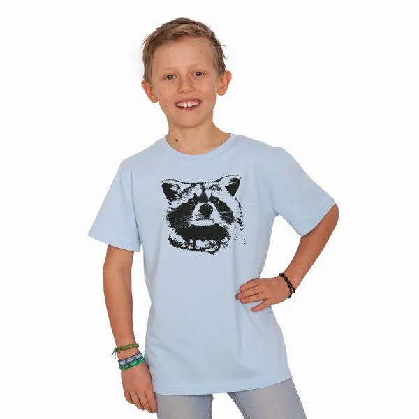 HANDGEDRUCKT HANDGEDRUCKT "Waschbär" Kinder T-Shirt Baumwolle (kbA), Lightblue, – Produktbild 1 von 3