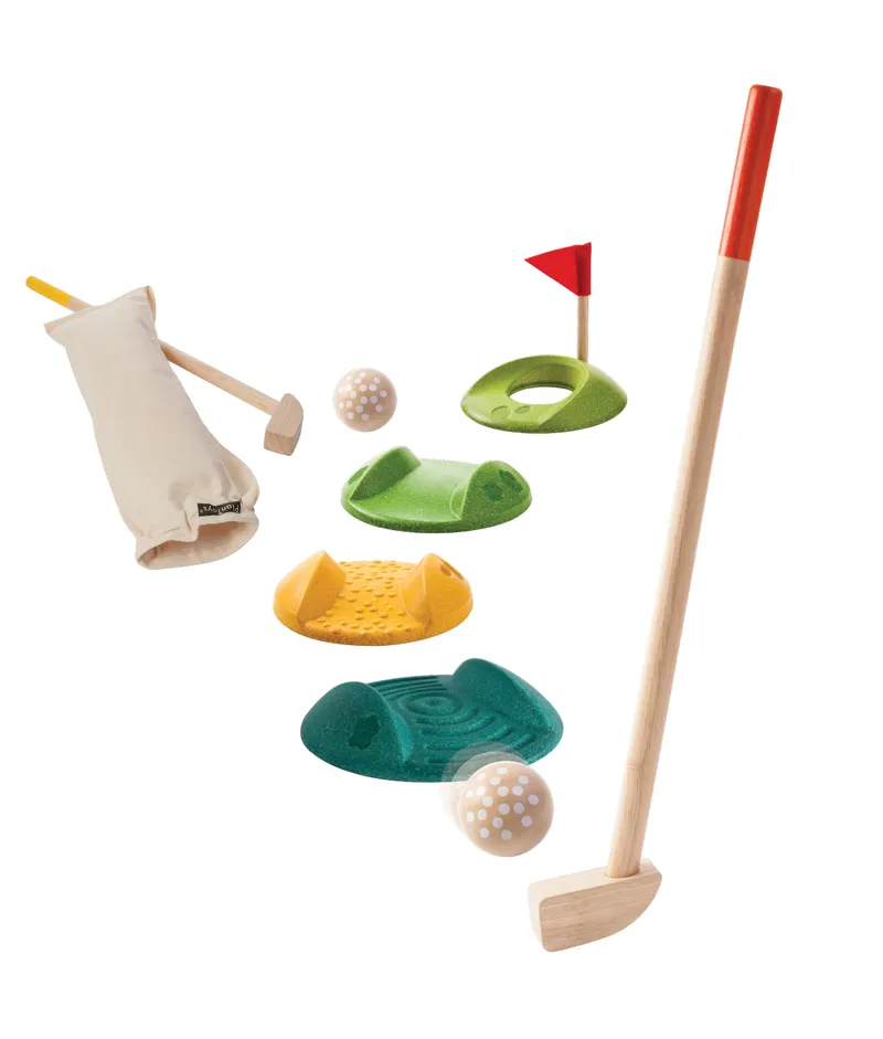 PlanToys PlanToys Kinder Mini-Golf Komplettset aus recyceltem Kautschukholz, 9-teilig Maße 3 x 8 x 53,4 cm, Natur, mehrfarbig, – Produktbild 4 von 5