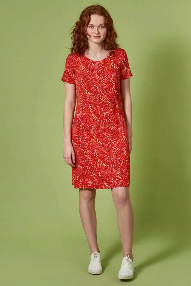 Himalaya Clothing Sommerkleid Kleid Damen mit zartem Alloverprint - Leichtes Jerseykleid aus Viskose Feminines Midikleid mit hohem Tragekomfort, Rot, – Produktbild 3 von 5