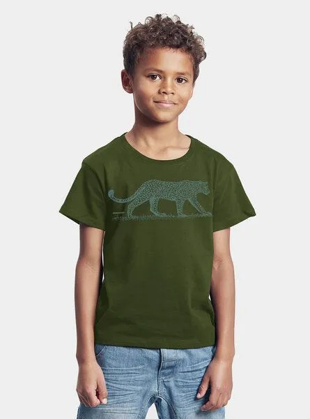 Peaces.bio - handbedruckte Biomode Peaces.bio - handbedruckte Biomode Bio-Kinder T-Shirt Leopard, Waldgrün, – Produktbild 2 von 2