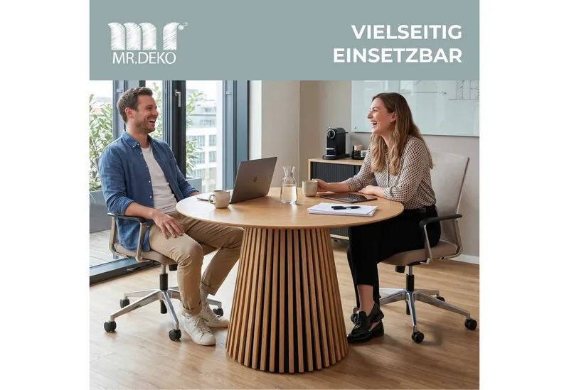 MR.DEKO Esstisch Holz rund Ø 120 cm Natur Oak Esszimmertisch Eiche FSC®100%, Runde Tischplatte aus MDF mit Eichenfurnier, Gestell Lamellenoptik, Braun, – Produktbild 5 von 5