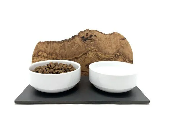 Olivenholz erleben Olivenholz erleben Futterstation "Cats only" DUO MOUNTAIN oder TRIO MOUNTAIN mit Olivenholzwand als Spritzschutz – Produktbild 1 von 8