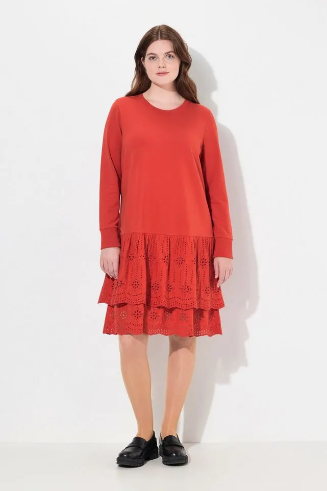 Ulla Popken Midikleid Sweatkleid Spitze Rundhals Langarm Biobaumwolle, Rot, – Produktbild 2 von 4